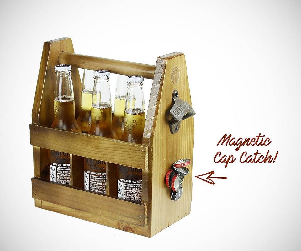 Wooden Beer Carrier with Bottle Opener and Magnetic Cap Catch - coolthings.us